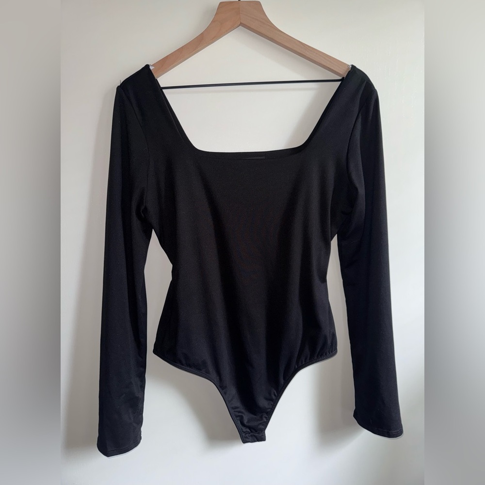 Lulus Square Neckline Open Back Black Bodysuit Long Sleeve Women Size XL
